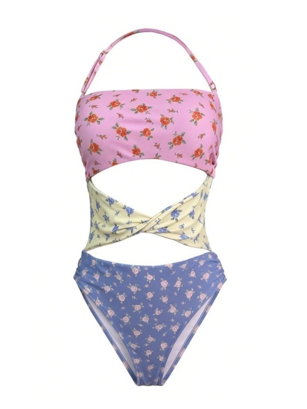PHAX Floral Colorblock Cutout One Piece Swimsuit Pink Blue Yellow Size M/L